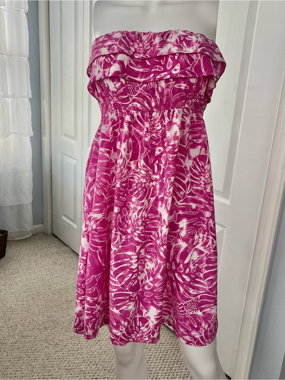 Blue Ginger Tropical Pink Floral Mini Dress Botanical Print Strapless/Tube Top M
